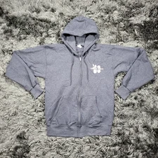 Trader Joe's Hoodie Mens Small Gray Full Zip Hibiscus Logo Hanes Sweatshirt