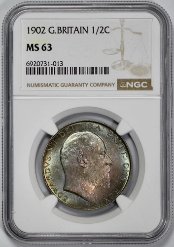 1902 Great Britain Silver 1/2C Half Crown NGC MS 63 Aquamarine Toning