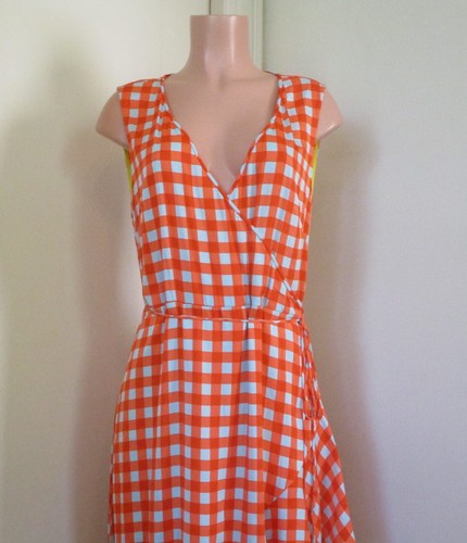 DIANE VON FURSTENBERG SILK ORANGE CHECK FAUX WRAP SLEEVELESS TIE MAXI DRESS, 14 - Picture 2 of 11
