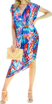 NWT Veronica M Dress Shirred Asymmetrical Multicolor Size L