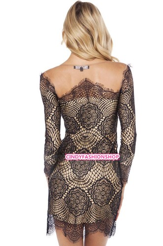Sexy Women Long Sleeve Bandage Bodycon Lace Party Cocktail Mini Dress Modi - Picture 4 of 5