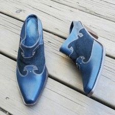 Vintage 70s Western Boho Blue Leather and Suede Heeled Cowgirl Slip-on Mules 8