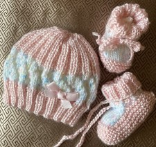 Beanie & Booties Set, Newborn. Hand-knitted by me. Multicolour/Pink. Girl Baby