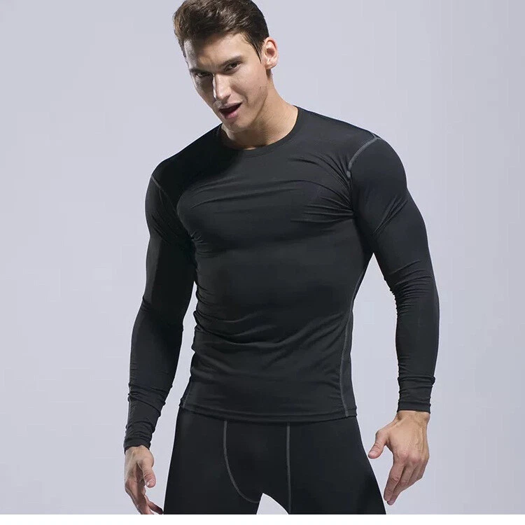 Mens Long Sleeve Stretch Slim Fit Top Sports Strech Workout Long Sleeve T- Shirt