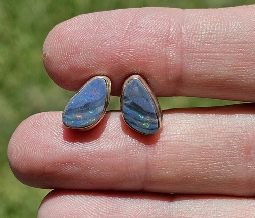 Australian Opal Studs, Sterling Silver, Blue & Green Opal, Doublets, Lucky Gemst - Picture 3 of 7
