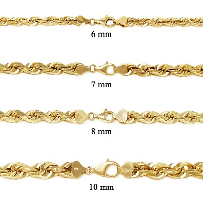 14k Yellow Gold Solid Diamond Cut Rope Chain Necklace 6mm, 7mm, 8mm, 10mm 
