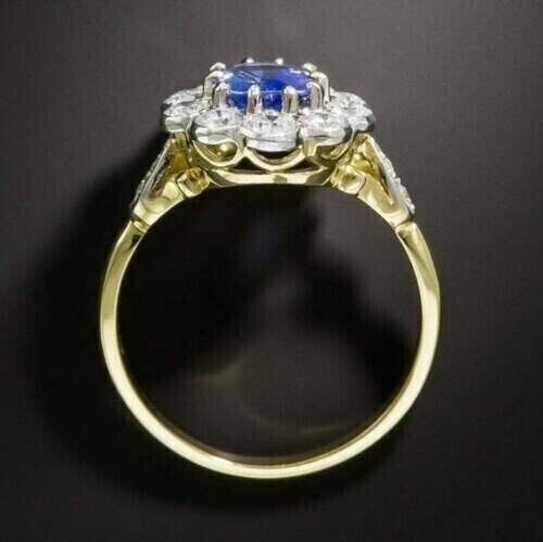 2Ct Oval Cut Created Blue Sapphire Cluster Wedding Ring 14k Two Tone Gold Plated - Picture 2 of 7