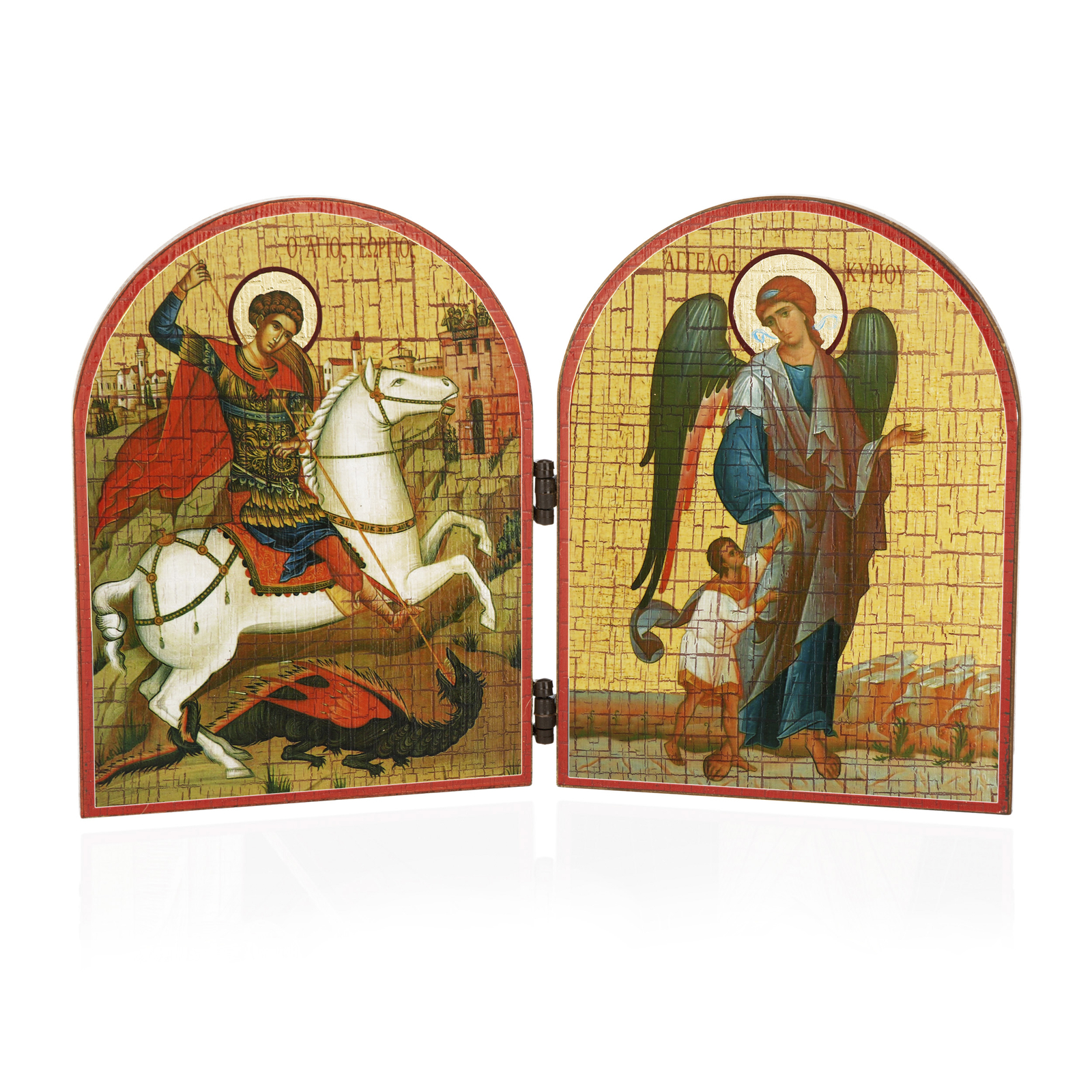 Hl. Georg Drachentöter und Schutzengel Ikone Diptychon Holz 23,5x16cm 13886
