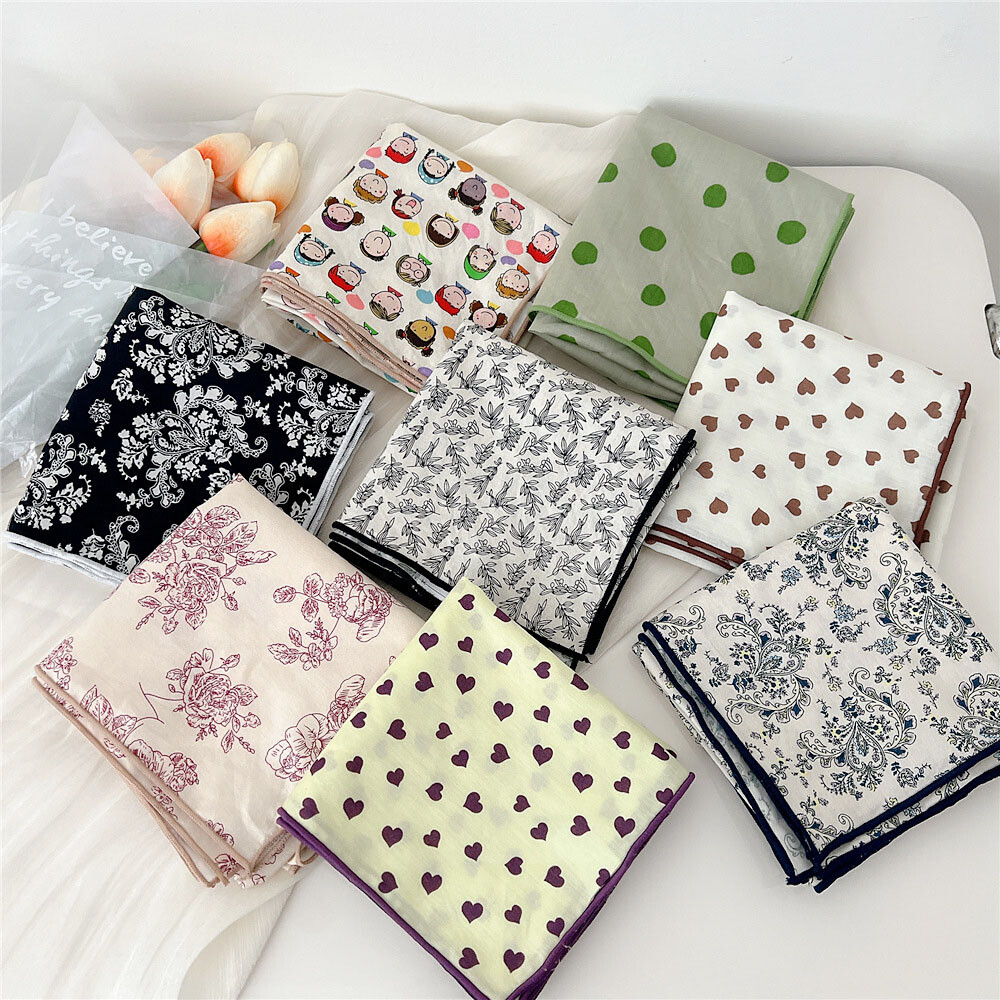 Square Scarf with Heart Dot Flower Leaf Print - Hair Scarf Headscarf Neckerchief Accessory