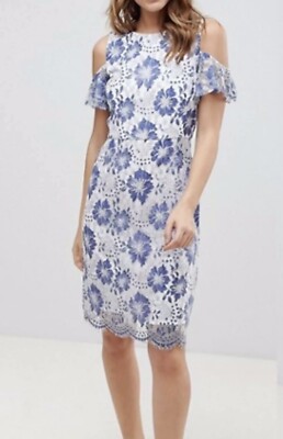 FRENCH CONNECTION Cold Shoulder Blue & White ANTONIA Lace Dress Juniors Size 6 FRENCH CONNECTION Cold Shoulder Blue & White ANTONIA Lace Dress Juniors Size 6