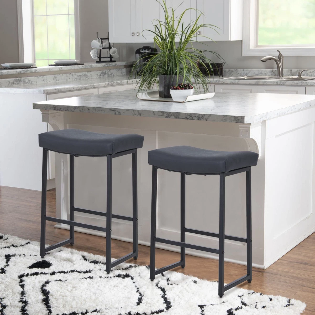Black Bar Stools Set of 2 Counter Height 24 Inches Saddle Stools
