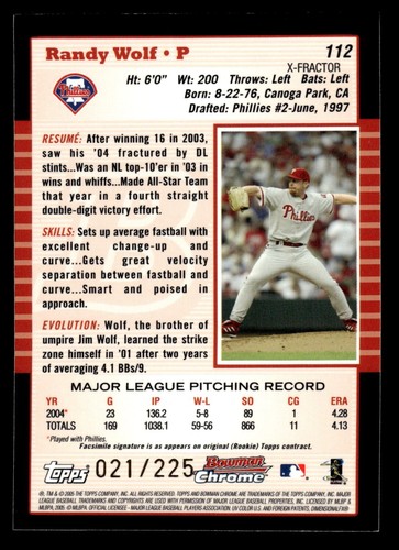 2005 Bowman Chrome Xfractor #112 Randy Wolf Phillies /225 - Picture 2 of 2