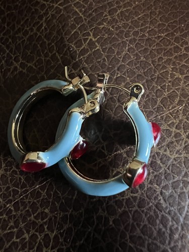 Anthropologie Hoop Earrings Blue Red CZ Gold Enamel Boho Irregular Drip Oil - Picture 5 of 9