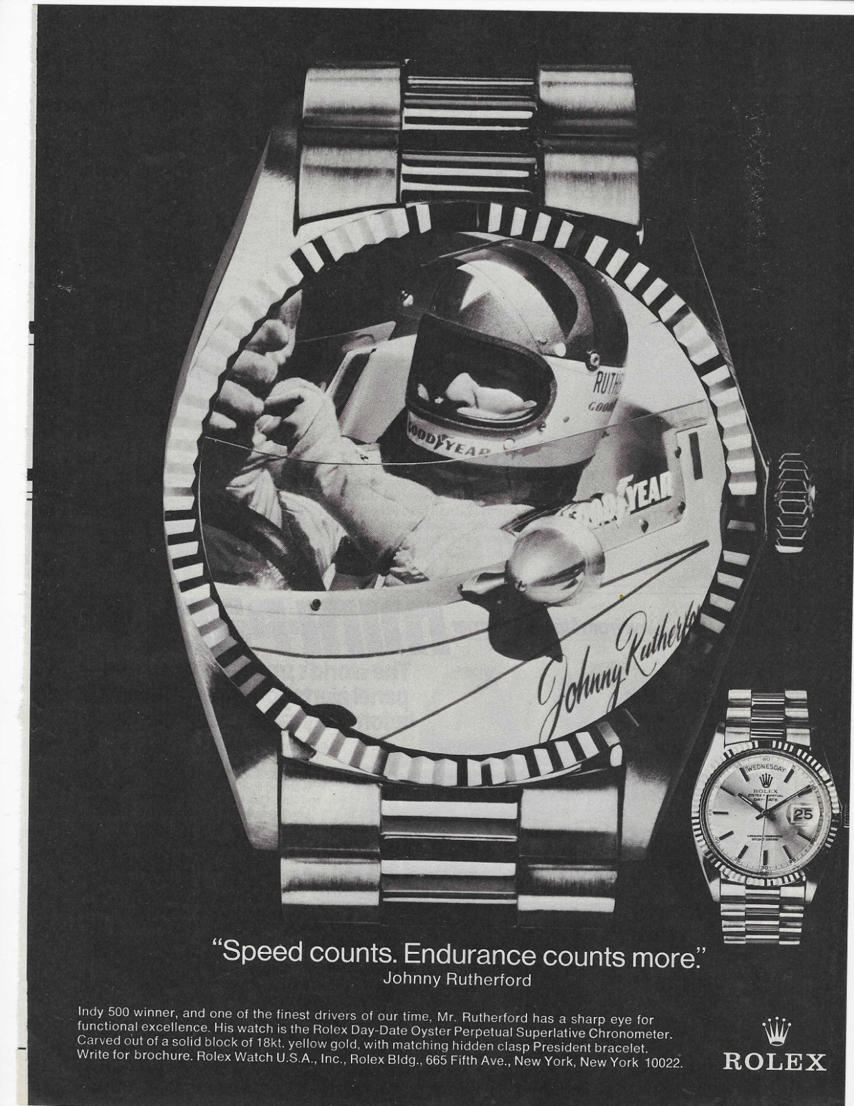 Indy 500 Johnny Rutherford  Rolex  Original Print Ad