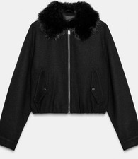 ZARA WOMENS WOOL MIX BOMBER JACKET WITH FAUX FUR COLLAR IN BLACK SIZE M