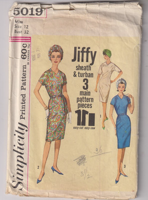 5019 SIMPLICITY Jiffy c.1963 - DRESS & TURBAN - Sz 12 B 32''