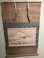 Big Size Vintage Japanese Painted Mount Fuji Hanging Scroll