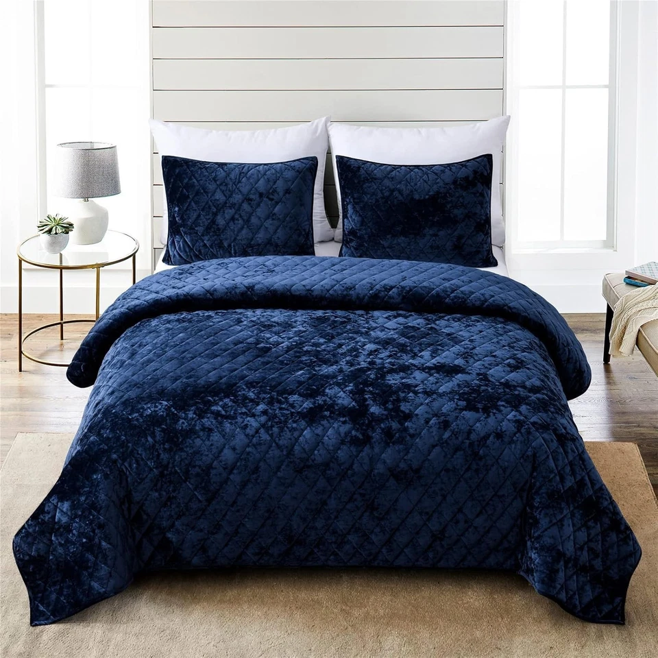 Navy King Quilt Set, 3-Piece Distressed Velvet & Microfiber - Image 3 of 4