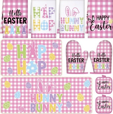 10 Pcs Happy Easter Kitchen Decor Set Bunny Kitchen Towels and Rugs Oven Mitt...