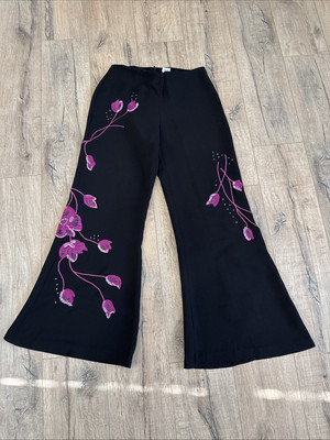 Cache Y2K Black Pants Floral Beaded Embellished Sequins Flare Sz 8 