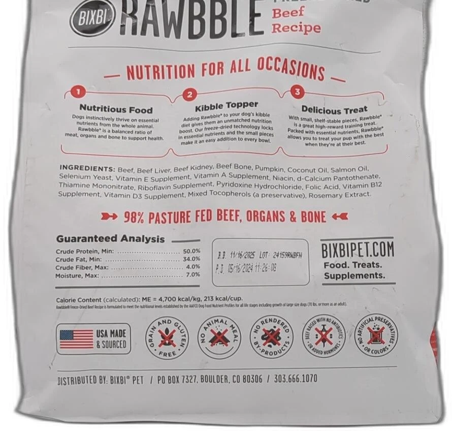 *2025-11-16* Bixbi Rawbble Freeze Dried Dog Food, Beef Recipe, 12 Oz - 98% Meat - Image 2 of 4