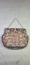 Vintage Embroidered Purse, Floral Rose Pattern on Black, Small Brass Chain, Used