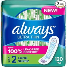 Always Ultra Thin Feminine Pads without Wings for Women, Size 2, Long Super Abso