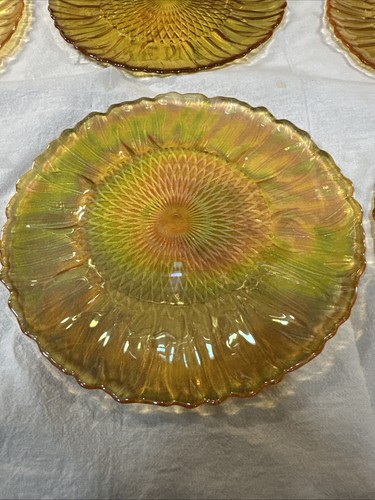 Vintage Marigold Iridescent Carnival Sunflower Plates 8” Lunch Salad Set of 6 - Picture 6 of 13