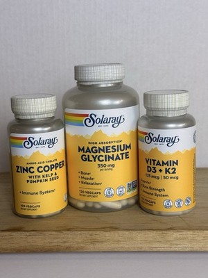 Solaray Magnesium Glycinate Zinc Copper Vitamin D3 K2 Non-GMO Vegicap