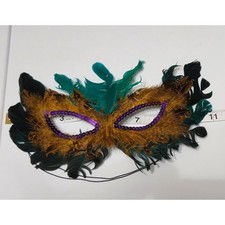 Feather Masquerade Mask Mardi Gras Costume Purple Sequins Green Brown Wings