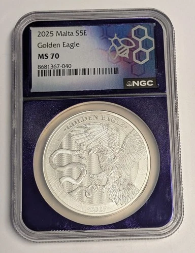 2025 Malta 5 Euro Golden Eagle 1 oz .9999 Silver ~  NGC MS70 Purple Core