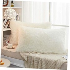 Long Faux Fur Soft Soild Decorative Pillowcase 26" x 20" Pack of 2 Cream