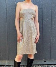  375 Black Halo Caitlyn Cutout Gold Shimmer Metallic strapless Midi Dress 8 M