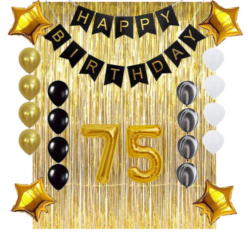 75th Birthday Gold & Black Balloon Party Decoration Supplies Banner Background - Picture 1 of 8