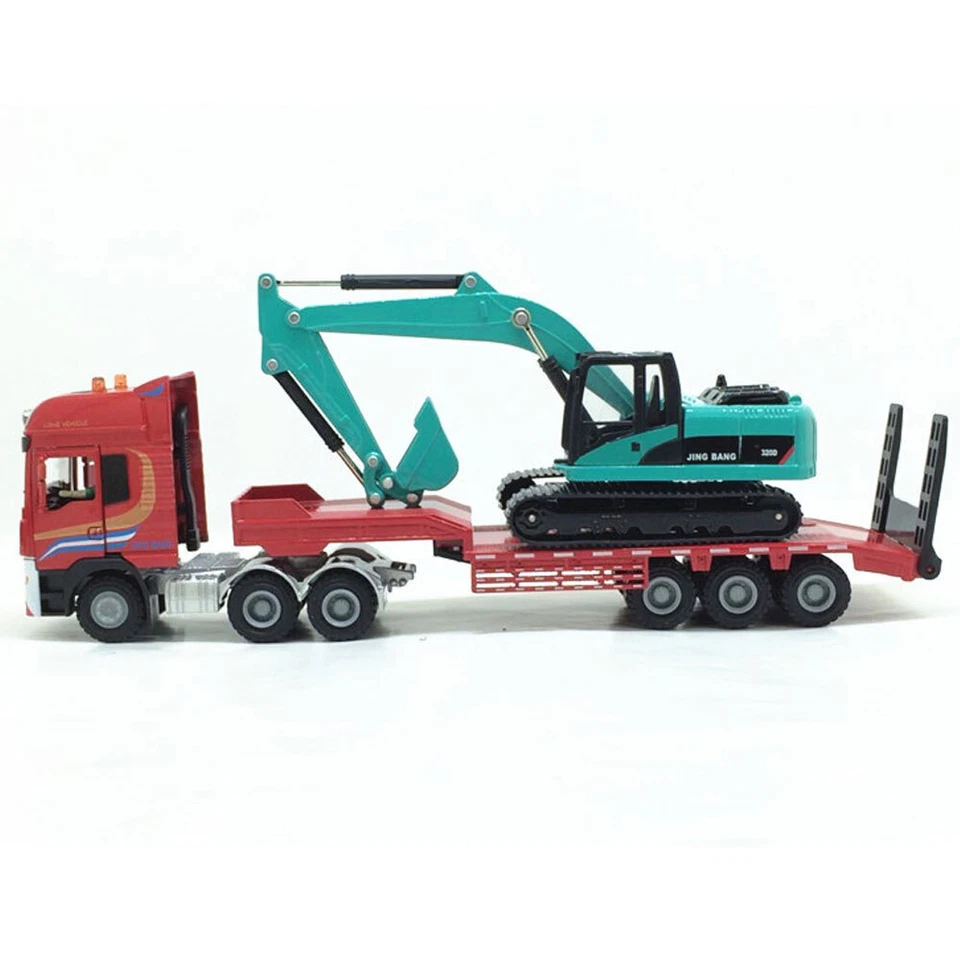 1:50 Flatbed Truck Toy with Excavator Construction Equipment Diecast Model Set - Image 4 of 4