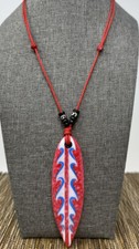 Red Surfboard Necklace with White Waves Hand Painted Wooden Surfboard Pendant