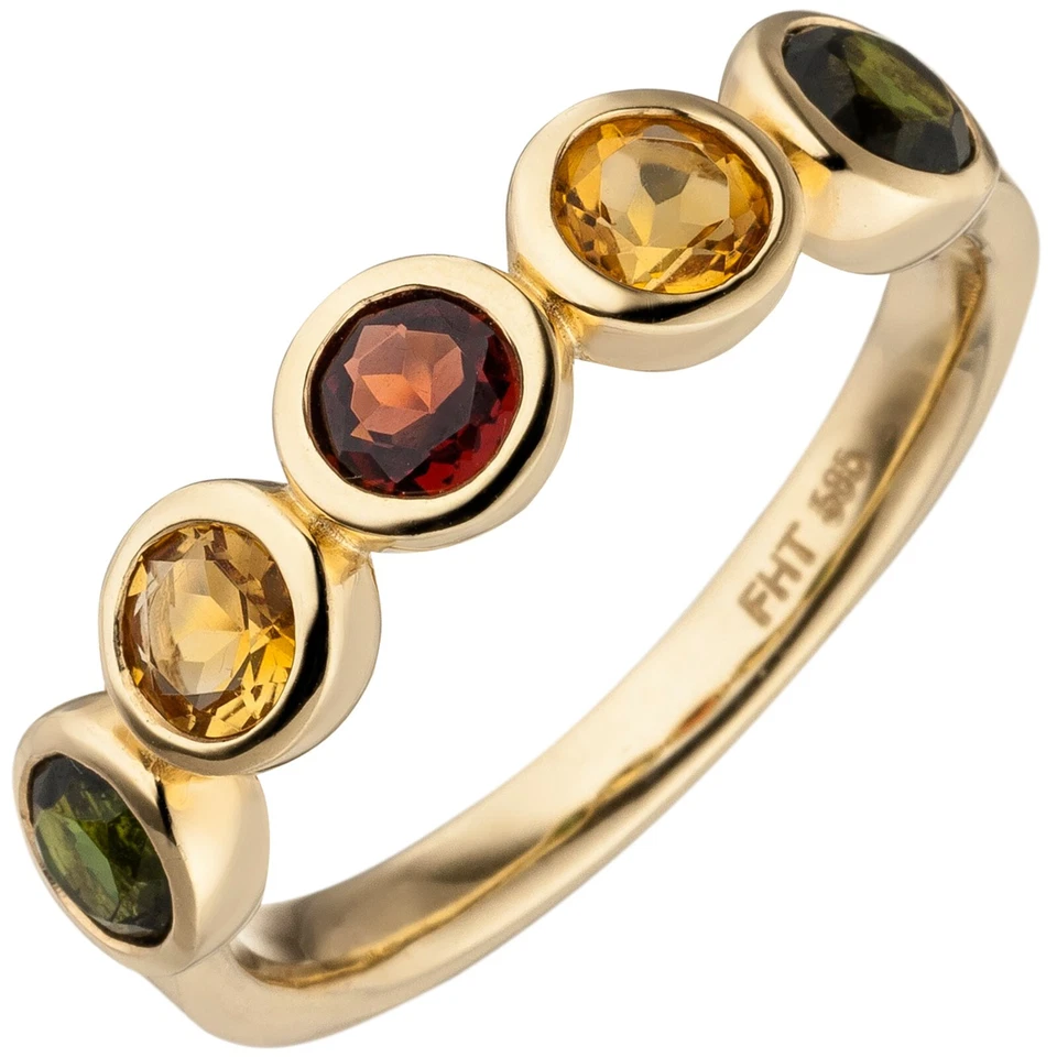 Damenring 585 Gold Goldring 14KT bunte echte Steine Granat Citrin Turmalin neu - Bild 1 von 1