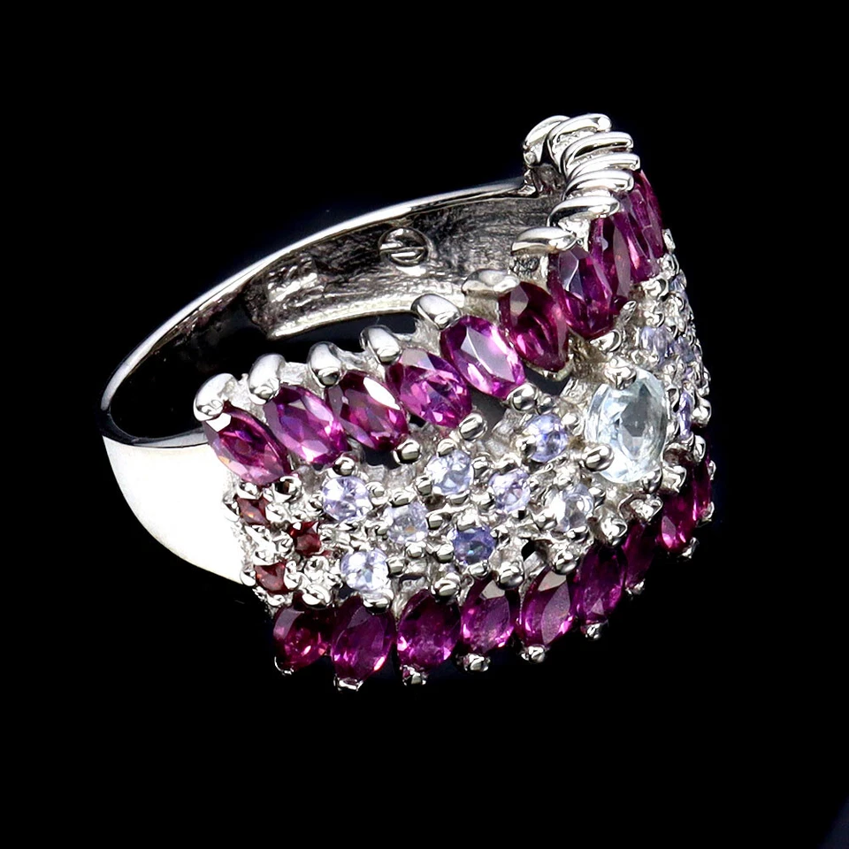 925 Sterling Silver Ring Marquise Rhodolite Tanzanite Natural Gemstone Jewelry - Image 3 of 4