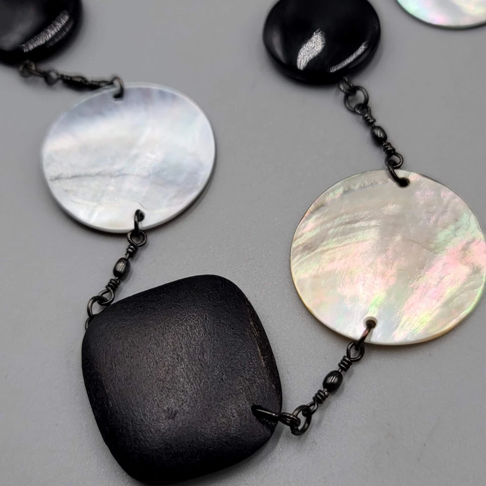 Cookie Lee Black Wood Shell Station Necklace Statement Long 30"+ - Image 2 of 4