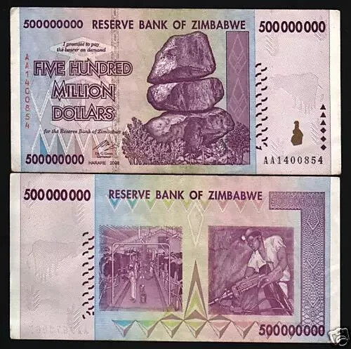 ZIMBABWE 500 Million DOLLARS P-82 2008 X 100 Pcs Bundle AA 50/100 Trillion USED - Picture 3 of 8