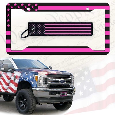 American Flag License Plate Frame and Key Tag Combo. Pink & Black 3D Raised