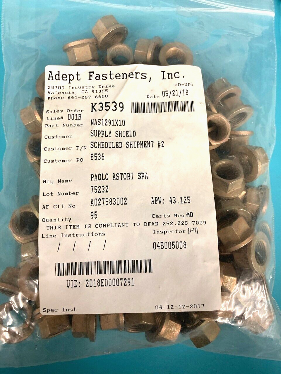 NAS1291X10 PAOLO ASTORI SPS SELF LOCKING NUT (PACK OF 25)