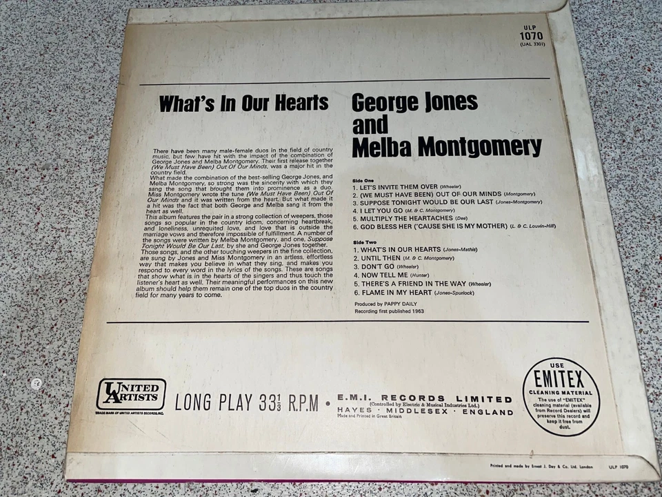 George Jones And Melba Montgomery ‎– Singing What's In Our Heart (VG/VG+ COND) - Image 2 of 4