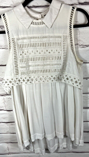Free People Womens Size M Ivory Sleeveless Collared Eyelet Lace Dress - Picture 2 of 5