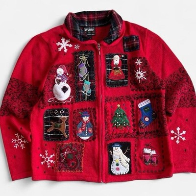 Vintage Designers Originals Embroidered Novelty Red Knit Christmas Cardigan