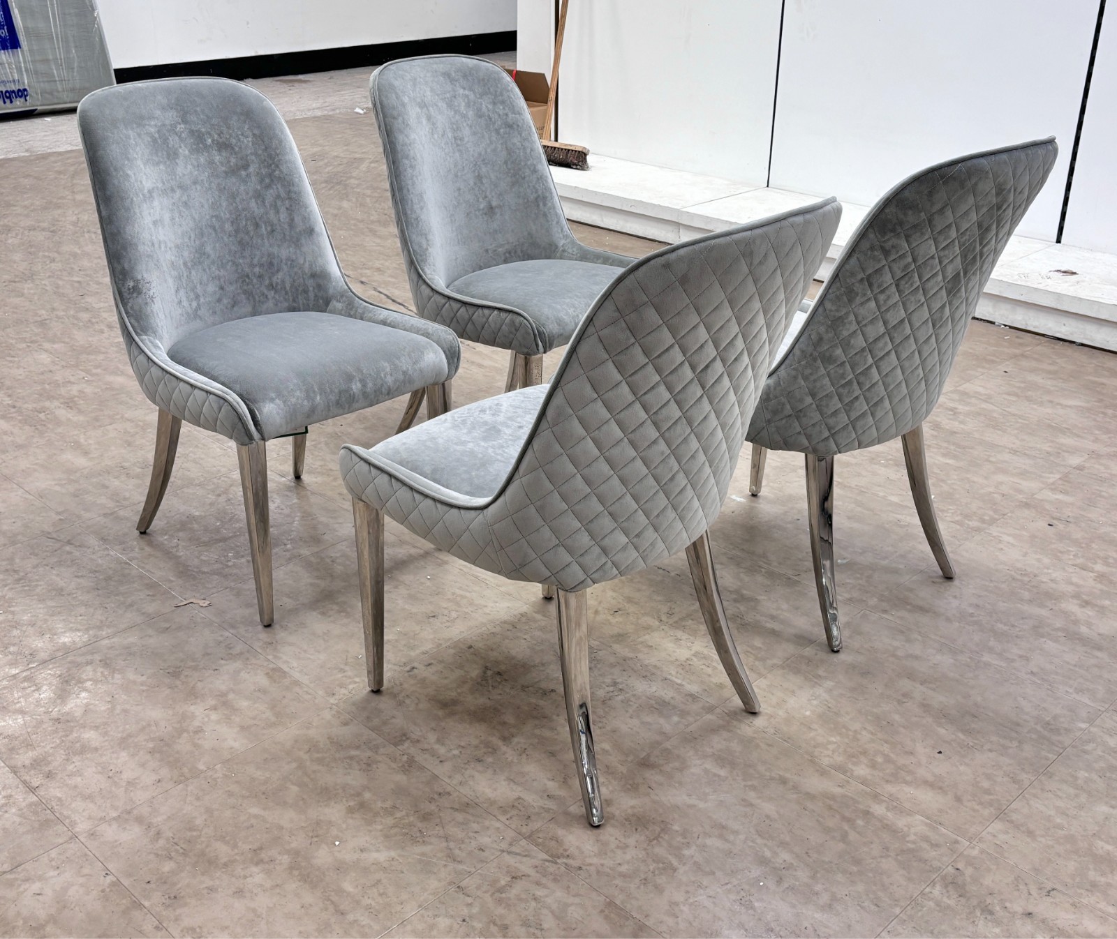 Furniture Village ‘Gabana’ Stone Velvet Set of 4 Velvet Dining Chairs Metal Legs
