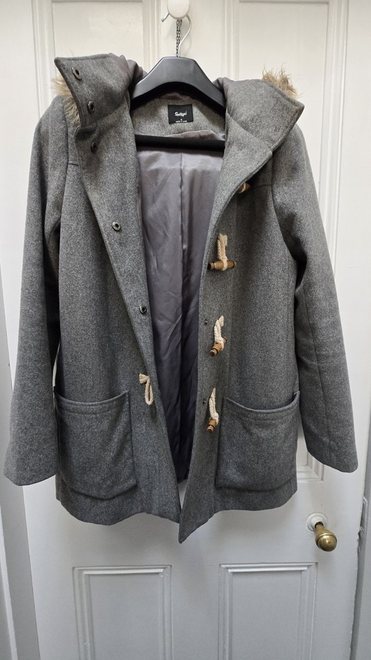 Sportsgirl Grey Wool Blend Duffle Coat with Faux Fur Hood – Size 10