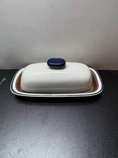 Vintage Salem Stoneware Covered Butter Dish Beige/Cobalt/Brown
