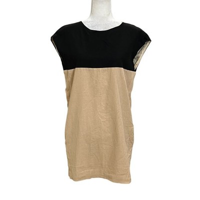 Mango MNG Collection Linen Blend Shift Dress Womens S Beige Black Minimalist