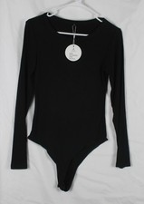 ANRABESS Women's Black Ribbed Knit Long Sleeve Bodysuit Size S Thong Style New